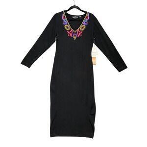 Vintage Carole Little Sweater Dress M Black Long Sleeve V Neck Embroidered Midi